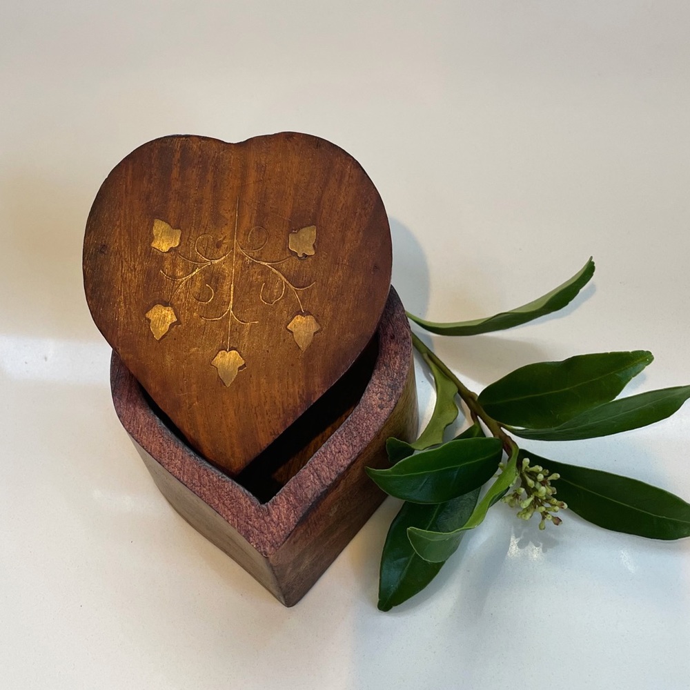 Vintage Heart-Shaped Wood Box with Brass Inlay Details